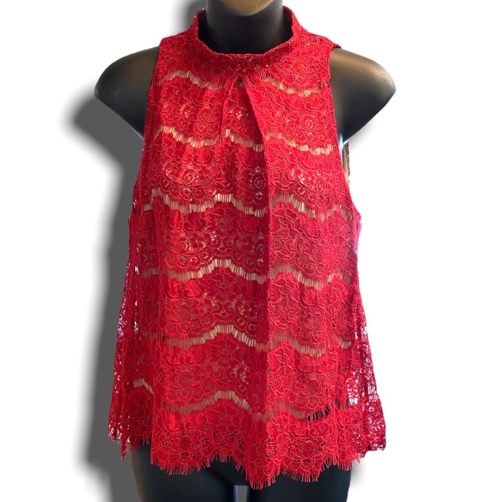 love, fire red lace fully lined sleeveless top shirt halter fringe hemline Med